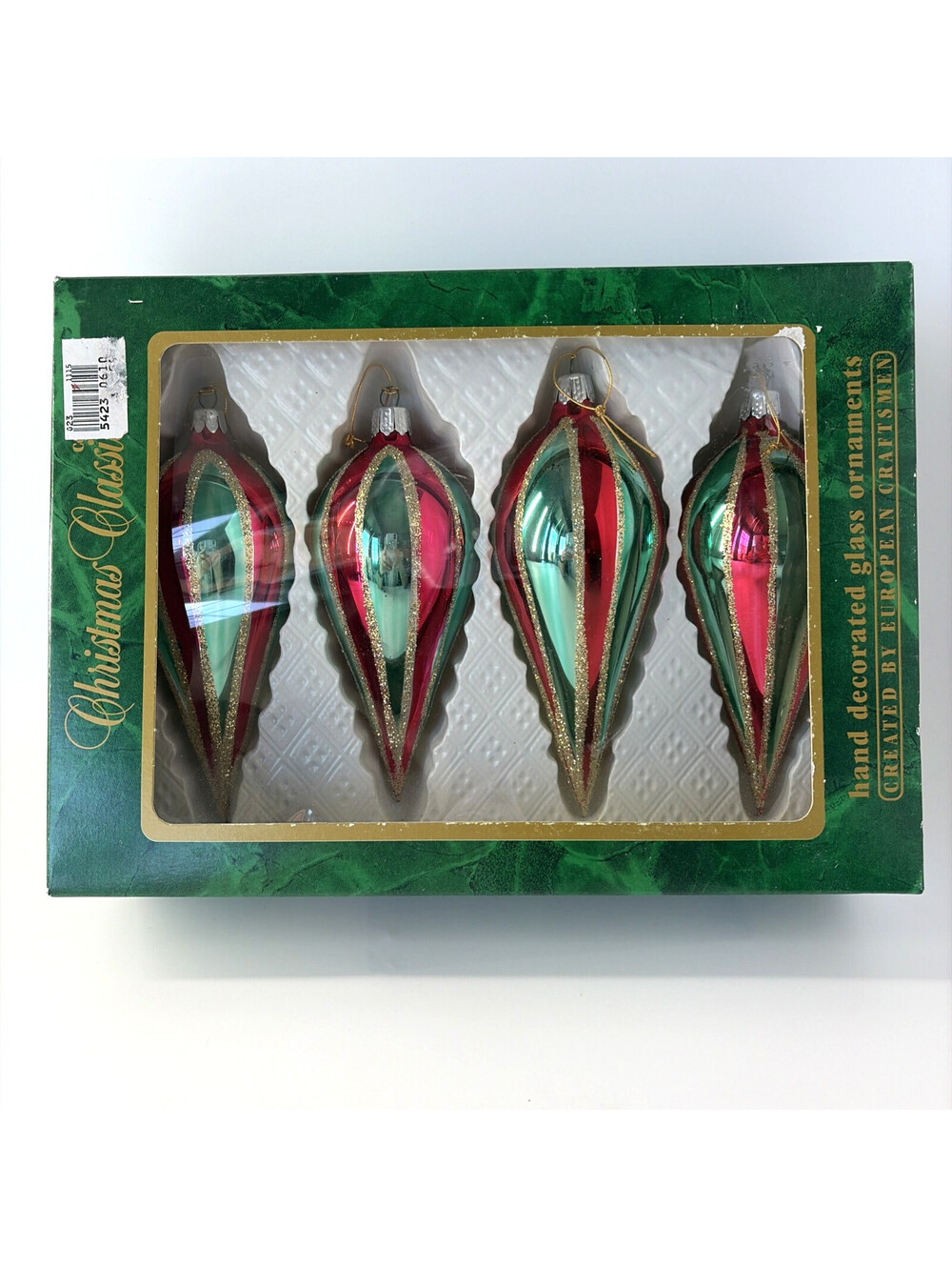 Vtg Commodore Christmas Classics Set 4 Hand Decorated Teardrop Glass Ornaments